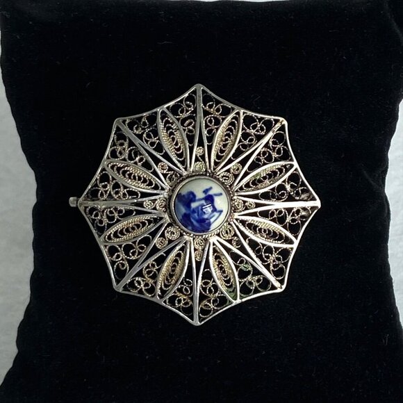 VTG Sterling Silver 925 1.71" Domed Signed Delft Filigree Spun Silver Brooch - Picture 11 of 16